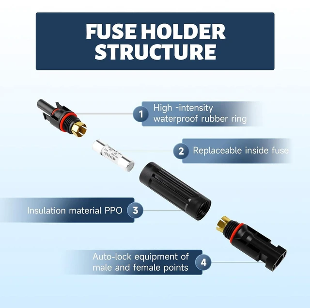 Alt view image 3 of 7 - 20 Amp Solar PV Fuse, 5PCS DC 1000V 20A Solar Fuses Holder Inline for Solars Panel and Controller, IP67 Waterproof PV Fuse Connector and Surge Protection Device