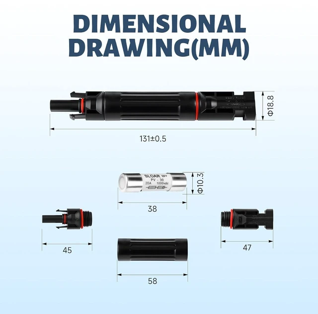Alt view image 5 of 7 - 20 Amp Solar PV Fuse, 5PCS DC 1000V 20A Solar Fuses Holder Inline for Solars Panel and Controller, IP67 Waterproof PV Fuse Connector and Surge Protection Device