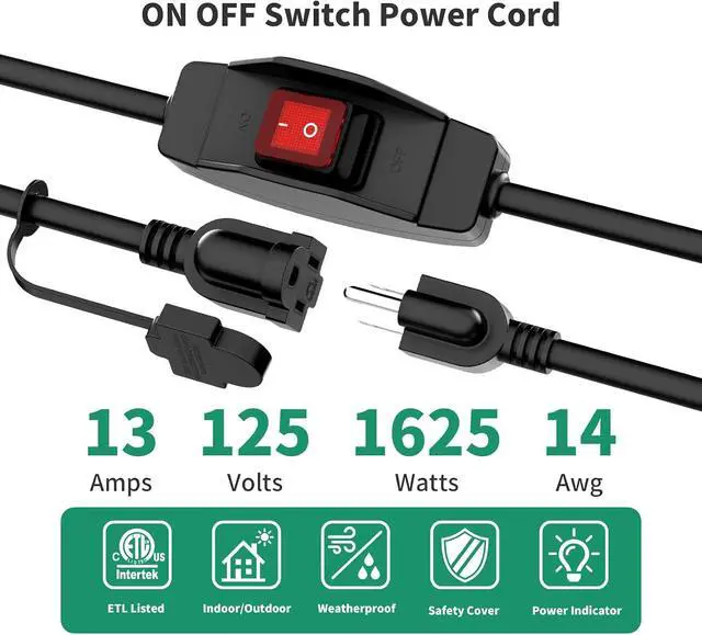 Alt view image 2 of 7 - KASONIC 3 Prong Extension Cord with Switch, 1625W 13A Grounded Outlets with Safety Cover, 14/3 SJTW Cable On Off Waterproof Switch for Indoor Outdoor Use (100 FT)