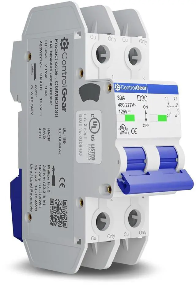 Main image of Mini Circuit Breaker UL489 Listed 30A D Curve 480Y/277VAC 125VDC 10kAIC DIN Rail Mount Non Polarized MCB Branch Circuit Protection, ControlGear CGMB2D30 (2 Pole D Trip 30 Amp)