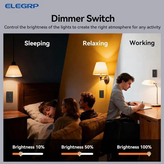 Alt view image 2 of 7 - ELEGRP Slide Dimmer Light Switch, Universal Dimmable LED Lighting Control, Single Pole or 3 Way Dimmer Switches for Led Lights, Wall Plate Included, UL Listed, 2 Pack, Matte Black