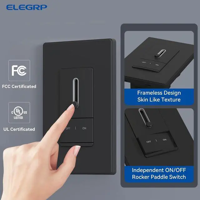 Alt view image 3 of 7 - ELEGRP Slide Dimmer Light Switch, Universal Dimmable LED Lighting Control, Single Pole or 3 Way Dimmer Switches for Led Lights, Wall Plate Included, UL Listed, 2 Pack, Matte Black