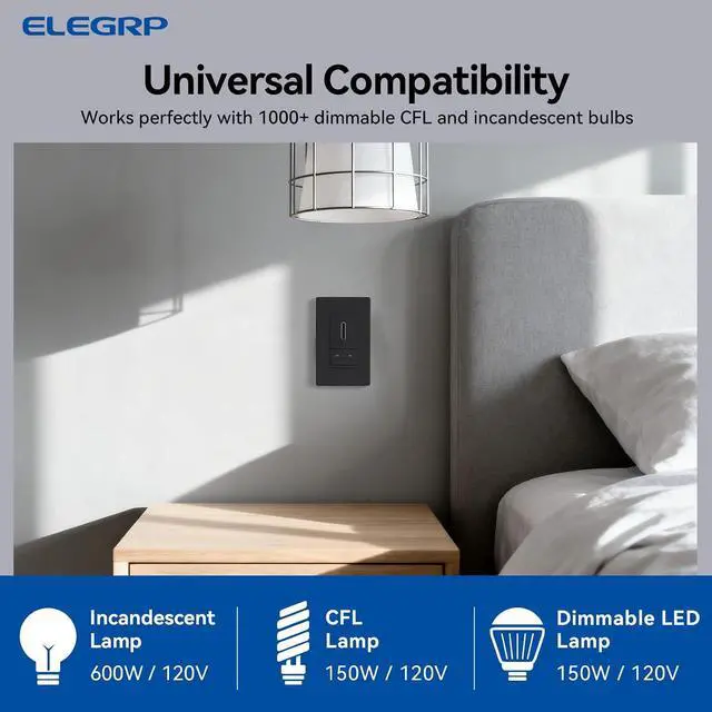 Alt view image 4 of 7 - ELEGRP Slide Dimmer Light Switch, Universal Dimmable LED Lighting Control, Single Pole or 3 Way Dimmer Switches for Led Lights, Wall Plate Included, UL Listed, 2 Pack, Matte Black