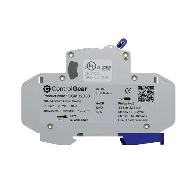 Alt view image 2 of 7 - Mini Circuit Breaker UL489 Listed 30A D Curve 480Y/277VAC 125VDC 10kAIC DIN Rail Mount Non Polarized MCB Branch Circuit Protection, ControlGear CGMB2D30 (2 Pole D Trip 30 Amp)