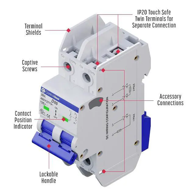 Alt view image 5 of 7 - Mini Circuit Breaker UL489 Listed 30A D Curve 480Y/277VAC 125VDC 10kAIC DIN Rail Mount Non Polarized MCB Branch Circuit Protection, ControlGear CGMB2D30 (2 Pole D Trip 30 Amp)