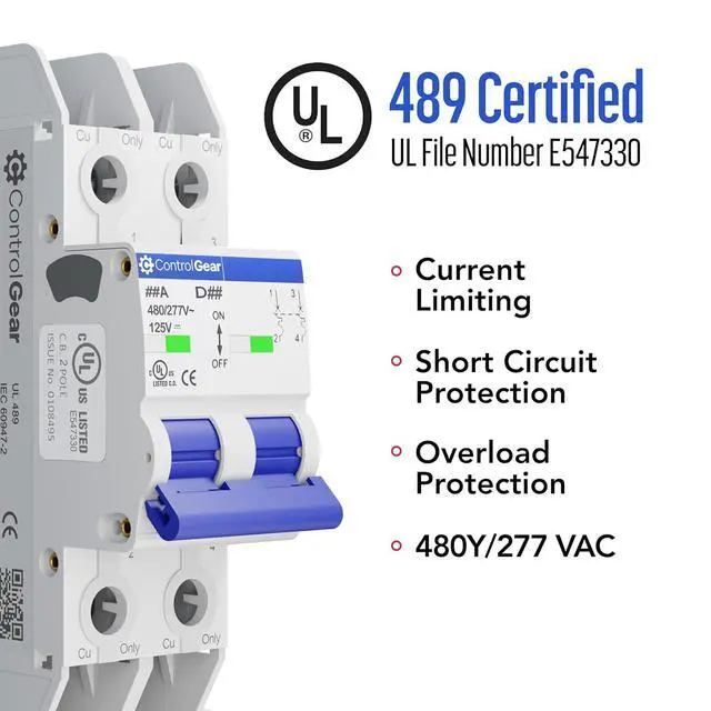Alt view image 4 of 7 - Mini Circuit Breaker UL489 Listed 30A D Curve 480Y/277VAC 125VDC 10kAIC DIN Rail Mount Non Polarized MCB Branch Circuit Protection, ControlGear CGMB2D30 (2 Pole D Trip 30 Amp)