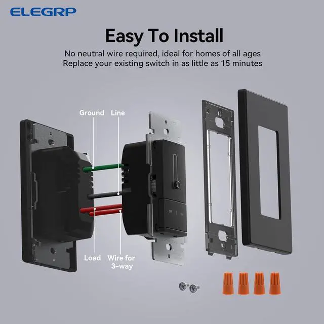 Alt view image 7 of 7 - ELEGRP Slide Dimmer Light Switch, Universal Dimmable LED Lighting Control, Single Pole or 3 Way Dimmer Switches for Led Lights, Wall Plate Included, UL Listed, 2 Pack, Matte Black