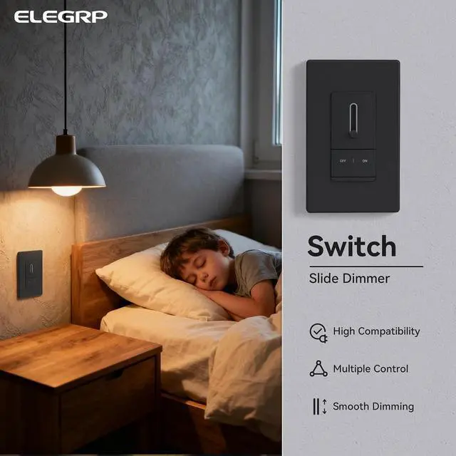 Alt view image 6 of 7 - ELEGRP Slide Dimmer Light Switch, Universal Dimmable LED Lighting Control, Single Pole or 3 Way Dimmer Switches for Led Lights, Wall Plate Included, UL Listed, 2 Pack, Matte Black