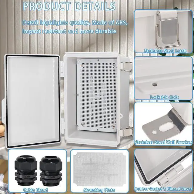 Alt view image 4 of 7 - Zulkit Junction Box,IP67 Waterproof Electrical Box Hinged Cover Stainless Steel Latch Plastic Enclosure for Project w Mounting Plate Wall Bracket and 2 Cable Gland Grey 11.4"x7.5"x5.5"/290x190x140mm