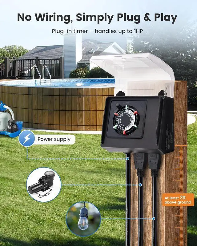 Alt view image 2 of 7 - SURAIELEC Mechanical Pool Timer for Above Ground Pools, NEMA 5-15R Plug-in 24-Hour Timer with Dual Outlets, 15A 125V 1HP, Up to 3 Daily Settings, Weatherproof Cover for Pool Pumps, Outdoor Lighting