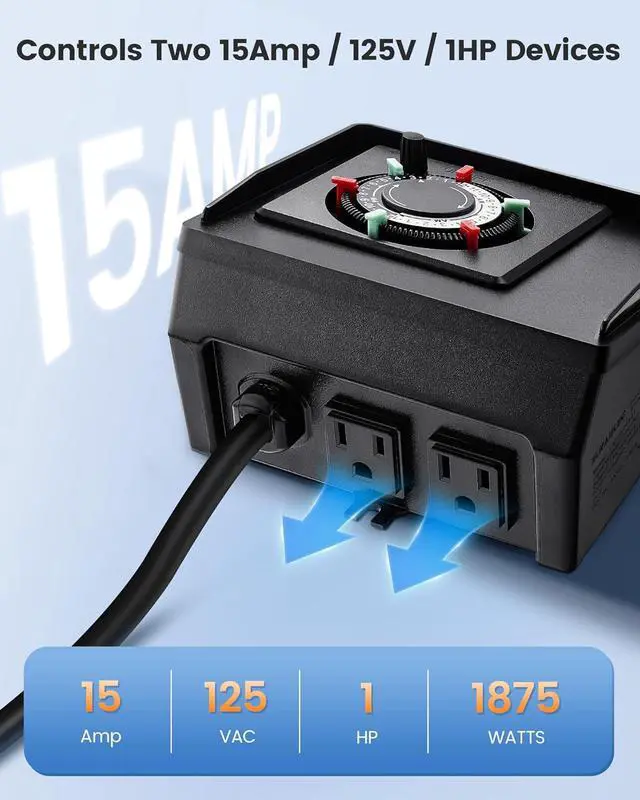 Alt view image 3 of 7 - SURAIELEC Mechanical Pool Timer for Above Ground Pools, NEMA 5-15R Plug-in 24-Hour Timer with Dual Outlets, 15A 125V 1HP, Up to 3 Daily Settings, Weatherproof Cover for Pool Pumps, Outdoor Lighting