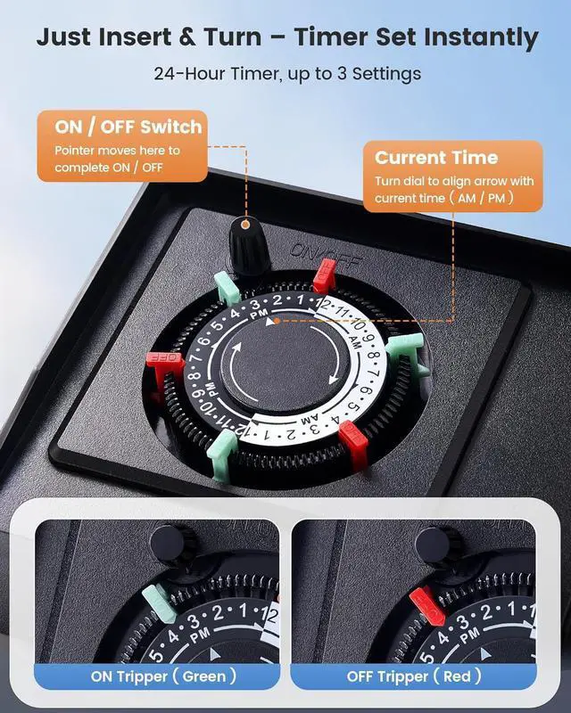 Alt view image 4 of 7 - SURAIELEC Mechanical Pool Timer for Above Ground Pools, NEMA 5-15R Plug-in 24-Hour Timer with Dual Outlets, 15A 125V 1HP, Up to 3 Daily Settings, Weatherproof Cover for Pool Pumps, Outdoor Lighting