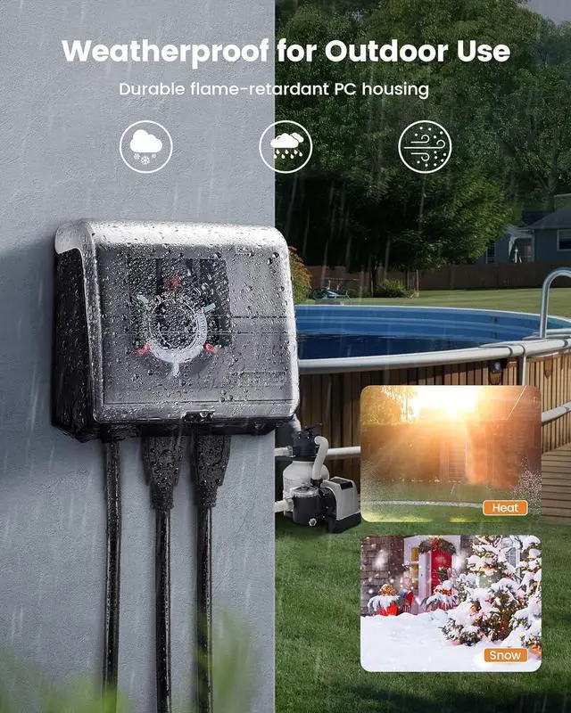 Alt view image 5 of 7 - SURAIELEC Mechanical Pool Timer for Above Ground Pools, NEMA 5-15R Plug-in 24-Hour Timer with Dual Outlets, 15A 125V 1HP, Up to 3 Daily Settings, Weatherproof Cover for Pool Pumps, Outdoor Lighting