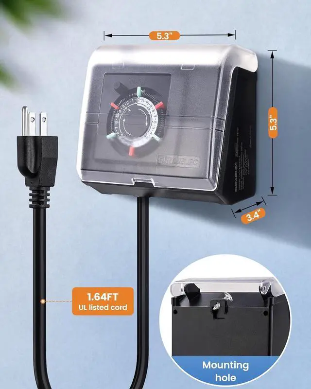 Alt view image 6 of 7 - SURAIELEC Mechanical Pool Timer for Above Ground Pools, NEMA 5-15R Plug-in 24-Hour Timer with Dual Outlets, 15A 125V 1HP, Up to 3 Daily Settings, Weatherproof Cover for Pool Pumps, Outdoor Lighting