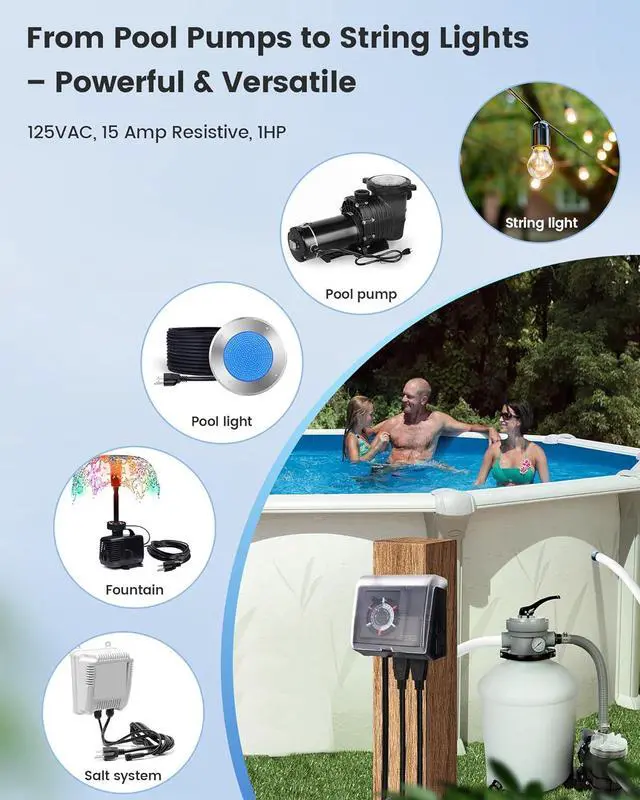 Alt view image 7 of 7 - SURAIELEC Mechanical Pool Timer for Above Ground Pools, NEMA 5-15R Plug-in 24-Hour Timer with Dual Outlets, 15A 125V 1HP, Up to 3 Daily Settings, Weatherproof Cover for Pool Pumps, Outdoor Lighting
