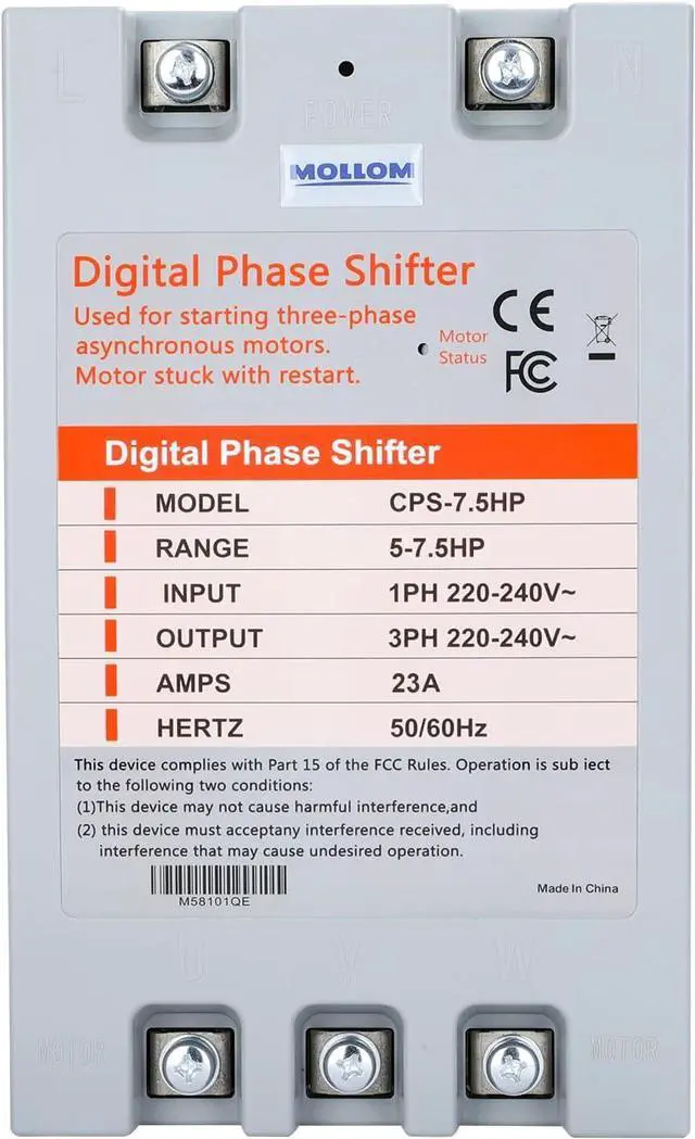 Main image of MOLLOM 3 Phase Converter, Digital Phase Shift 5.5KW 7.5HP 23Amps 220-240V, Single to Three Phase Converter for 3PH Motors, Automatic Restart to Protect Motor from Blocking