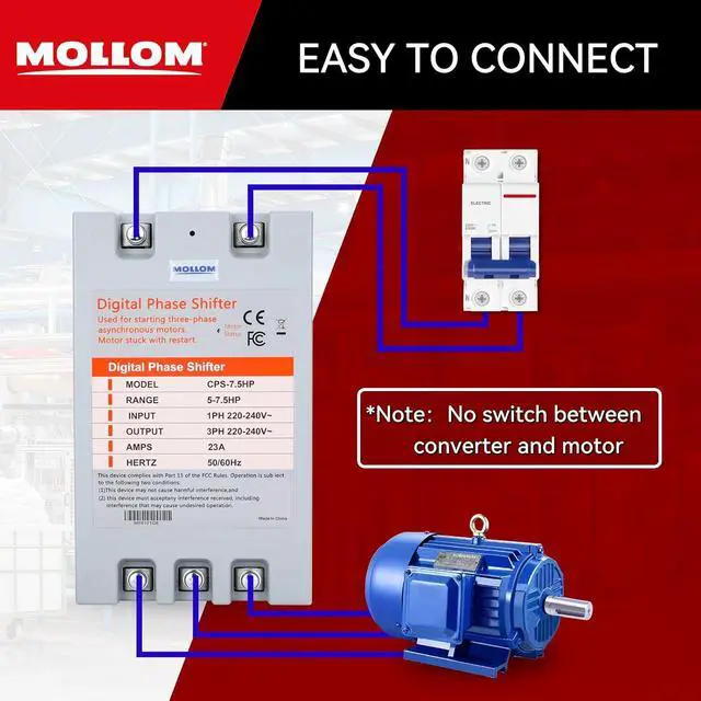 Alt view image 3 of 7 - MOLLOM 3 Phase Converter, Digital Phase Shift 5.5KW 7.5HP 23Amps 220-240V, Single to Three Phase Converter for 3PH Motors, Automatic Restart to Protect Motor from Blocking
