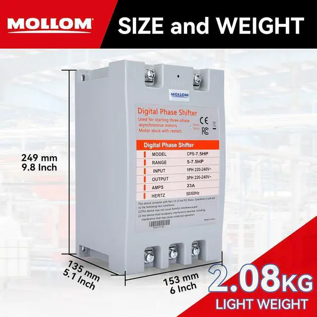 Alt view image 4 of 7 - MOLLOM 3 Phase Converter, Digital Phase Shift 5.5KW 7.5HP 23Amps 220-240V, Single to Three Phase Converter for 3PH Motors, Automatic Restart to Protect Motor from Blocking