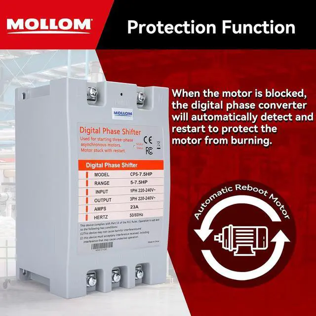 Alt view image 5 of 7 - MOLLOM 3 Phase Converter, Digital Phase Shift 5.5KW 7.5HP 23Amps 220-240V, Single to Three Phase Converter for 3PH Motors, Automatic Restart to Protect Motor from Blocking