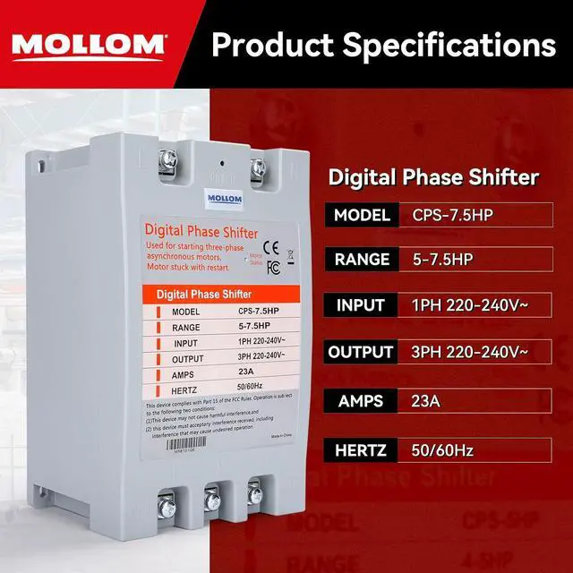 Alt view image 6 of 7 - MOLLOM 3 Phase Converter, Digital Phase Shift 5.5KW 7.5HP 23Amps 220-240V, Single to Three Phase Converter for 3PH Motors, Automatic Restart to Protect Motor from Blocking