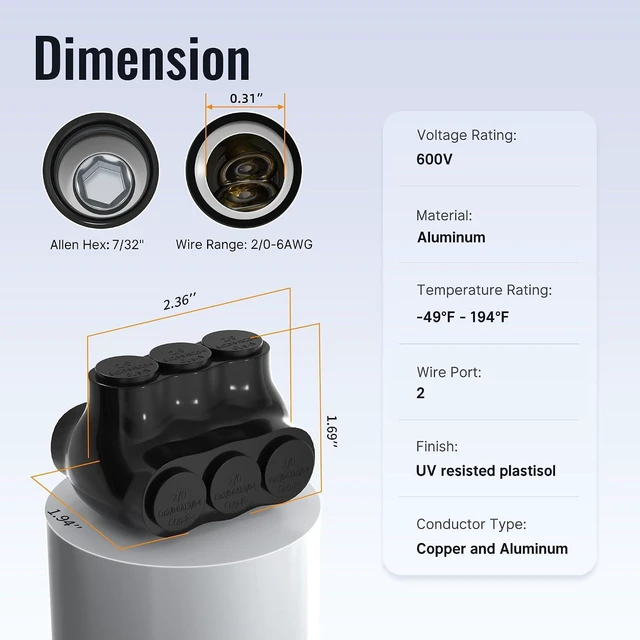 Alt view image 2 of 6 - RVBOATPAT 6PCS Dual Entry Aluminum Wire Connector 3 Port Insulated Multi Tap Connector 2/0-6 AWG Splice Electrical Power Connector 3/16" Allen Hex