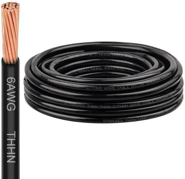 Main image of XRDS -RF 6 AWG 25FT THHN Stranded Wire Nylon Insulated Pure Copper Electrical Cable for DIY Projects Black 600V Rated