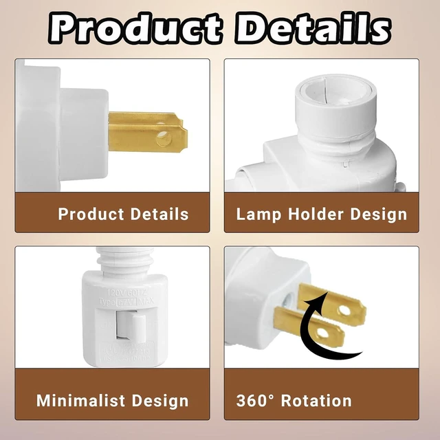 Alt view image 5 of 7 - 9 Sets Night Light Bases, with Metal Clips and On/Off Switch White Plastic Swivel Wall Lamp Plug 360° Plug in Rotating Night Light Modules for Making Your Own Bubble Lights Crafts