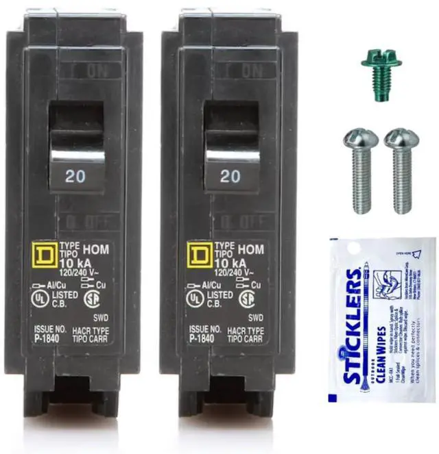 Main image of Genuine Square D HOM120 Circuit Breaker Kit (2 Pack), 20 Amp (20A) Unipole, 120V, 10kAIC, UL Listed, Plug-In for Homeline Load Centers and Panel Box, New Replacement