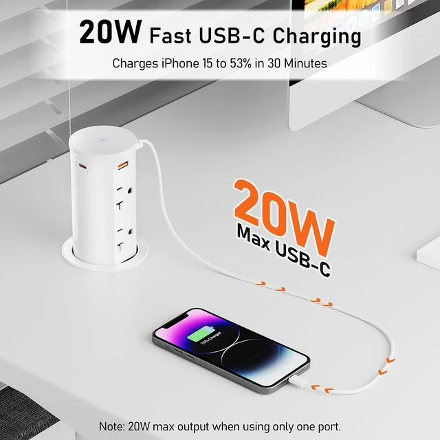 Alt view image 5 of 7 - VILONG 20Amp Pop Up Outlet for Countertop,15W Wireless Charging Pad,20W USB C,2.5-Inch Hole,4 Outlets,Space Saver for Desk,2500W 12 AWG Power Cord,ETL Listed (White)