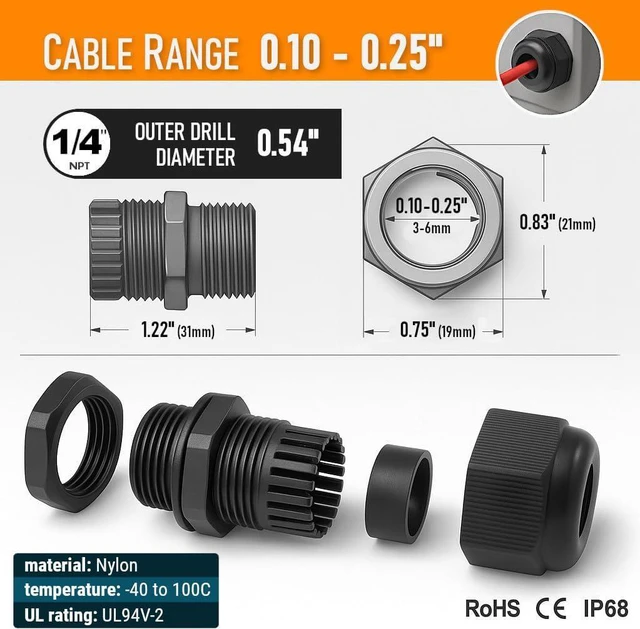Alt view image 6 of 6 - MGI SpeedWare Strain Relief NPT Nylon Cord Grip Cable Glands (Black, 1/4 Inch (100-Pack))