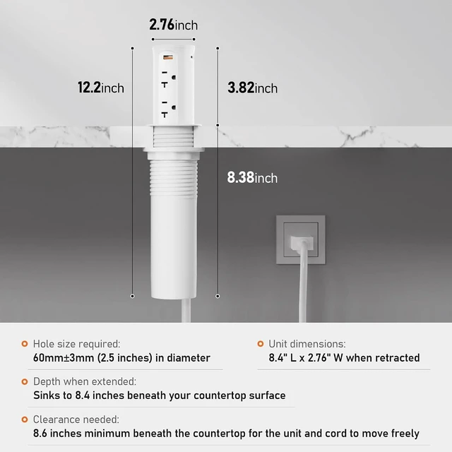 Alt view image 6 of 7 - VILONG 20Amp Pop Up Outlet for Countertop,15W Wireless Charging Pad,20W USB C,2.5-Inch Hole,4 Outlets,Space Saver for Desk,2500W 12 AWG Power Cord,ETL Listed (White)