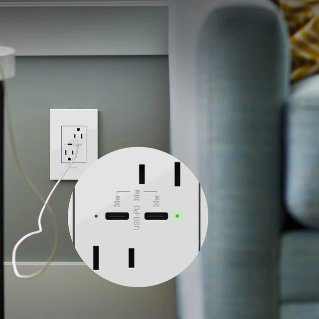 Alt view image 3 of 6 - adorne 15A Tamper-Resistant Ultra-Fast Plus Power Delivery USB Type-C/C Outlet in White with Matching Wall Plate, ARTRUSB15PD30W4 Legrand