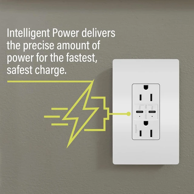 Alt view image 4 of 6 - adorne 15A Tamper-Resistant Ultra-Fast Plus Power Delivery USB Type-C/C Outlet in White with Matching Wall Plate, ARTRUSB15PD30W4 Legrand