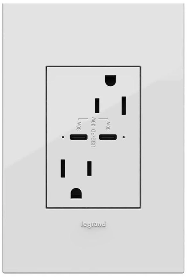 Main image of adorne 15A Tamper-Resistant Ultra-Fast Plus Power Delivery USB Type-C/C Outlet in White with Matching Wall Plate, ARTRUSB15PD30W4 Legrand