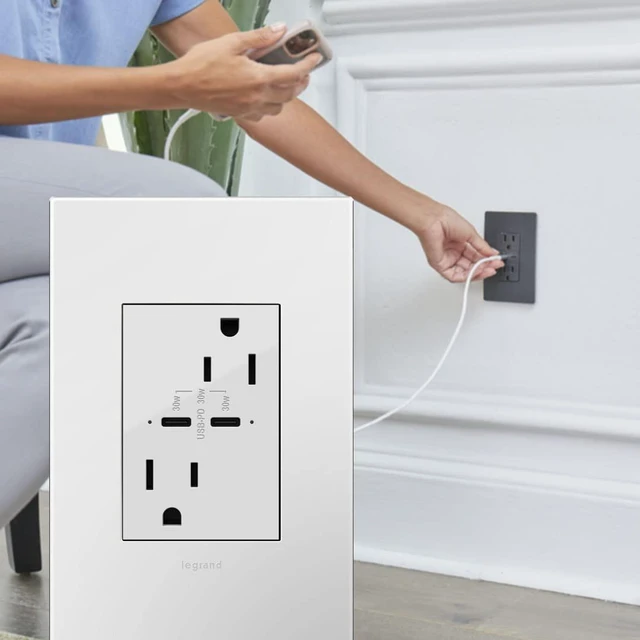 Alt view image 2 of 6 - adorne 15A Tamper-Resistant Ultra-Fast Plus Power Delivery USB Type-C/C Outlet in White with Matching Wall Plate, ARTRUSB15PD30W4 Legrand
