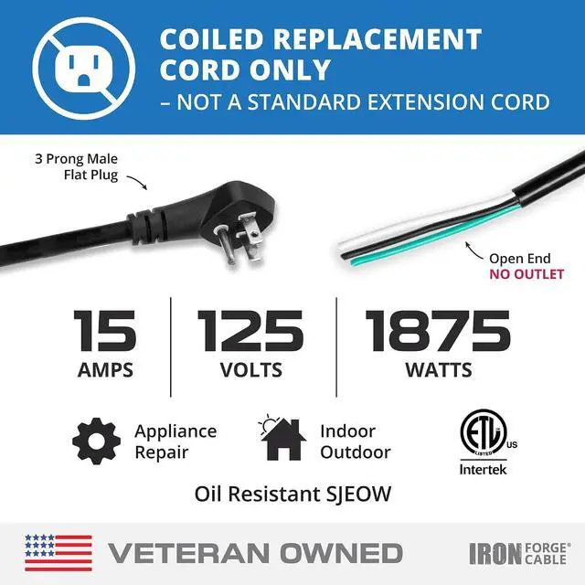Alt view image 2 of 7 - Iron Forge Cable 15 Amp Replacement Coiled Extension Cord 6 ft - SJEOW Oil Resistant & Flat Plug 3 Prong, 12 Gauge for Appliances & Power Tools