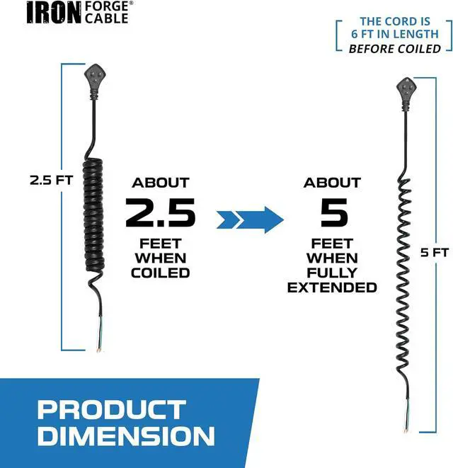 Alt view image 3 of 7 - Iron Forge Cable 15 Amp Replacement Coiled Extension Cord 6 ft - SJEOW Oil Resistant & Flat Plug 3 Prong, 12 Gauge for Appliances & Power Tools