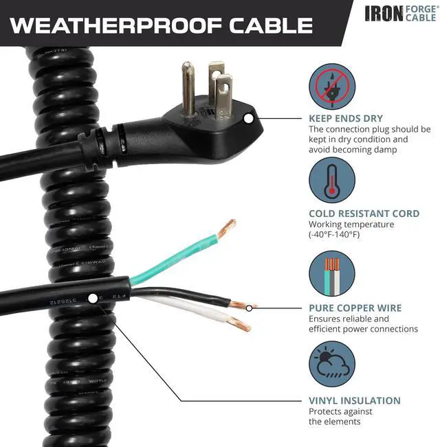 Alt view image 5 of 7 - Iron Forge Cable 15 Amp Replacement Coiled Extension Cord 6 ft - SJEOW Oil Resistant & Flat Plug 3 Prong, 12 Gauge for Appliances & Power Tools