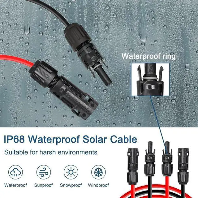 Alt view image 4 of 7 - 8AWG Solar Panel Extension Cable 30Feet, 1500V Solar Cable Extension with IP68 Male and Female Connectors, for RV, Boat, Solar Panels, Car (30FT Red + 30FT Black)