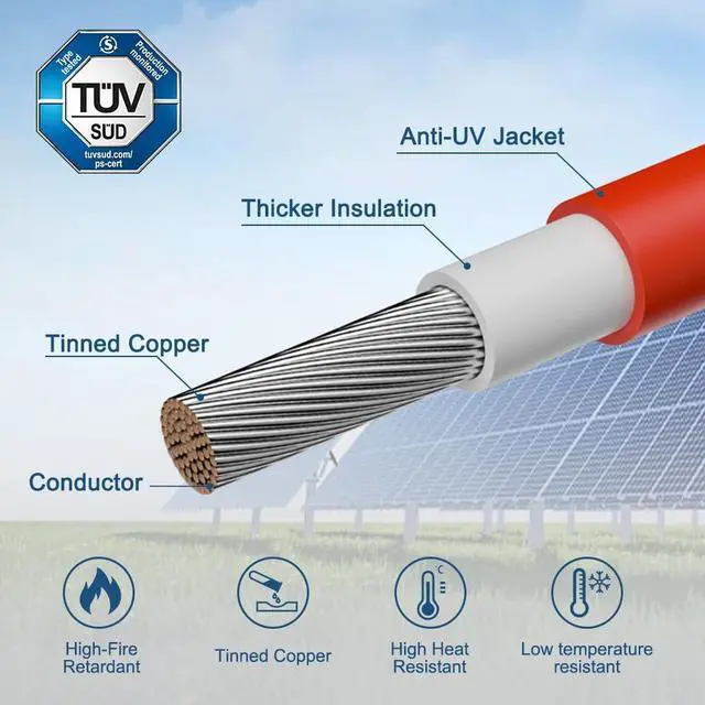 Alt view image 2 of 7 - 8AWG Solar Panel Extension Cable 30Feet, 1500V Solar Cable Extension with IP68 Male and Female Connectors, for RV, Boat, Solar Panels, Car (30FT Red + 30FT Black)