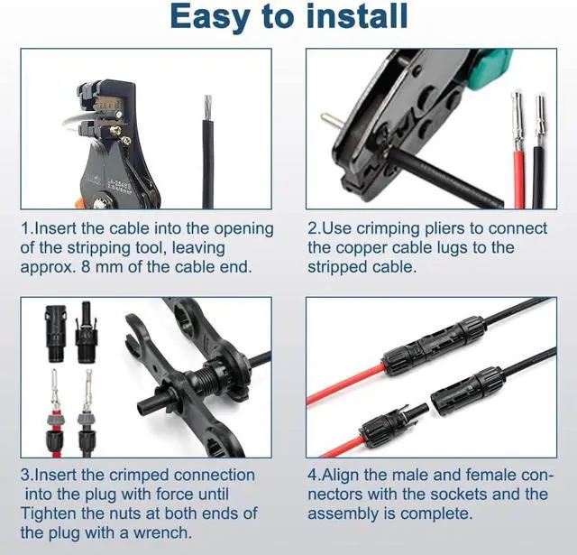 Alt view image 7 of 7 - 8AWG Solar Panel Extension Cable 30Feet, 1500V Solar Cable Extension with IP68 Male and Female Connectors, for RV, Boat, Solar Panels, Car (30FT Red + 30FT Black)