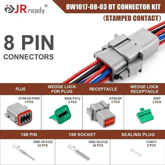 Alt view image 2 of 7 - JRready DW1017 8 Pin Deutsch DT Connector Kit, IP68 Waterproof Gray DT Connectors Electrical Automative Wire Connectors with 24Pairs Size 16 Stamped Contacts 14-18 AWG and Sealing Plugs, 3 Sets