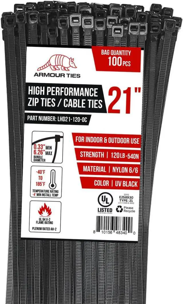 Main image of 21-inch Black Zip Ties Heavy Duty UV Resistant Nylon Cable Ties, 120lb Tensile Strength, 100-Pack - Durable Wire Ties, Heavy Duty Tie Straps Indoor and Outdoor Cable Management Solution by ARMOUR TIES