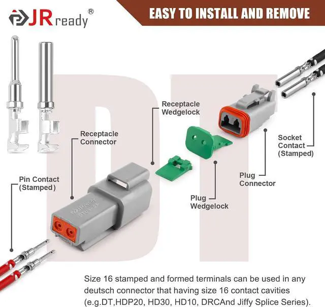 Alt view image 5 of 7 - JRready DW1017 8 Pin Deutsch DT Connector Kit, IP68 Waterproof Gray DT Connectors Electrical Automative Wire Connectors with 24Pairs Size 16 Stamped Contacts 14-18 AWG and Sealing Plugs, 3 Sets