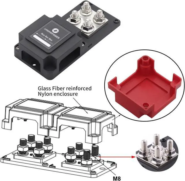 Alt view image 2 of 6 - Busbar Copper 12V-48V 400A Heavy Duty Bus Bar with 8X M8 Studs Power Distribution Blocks, DC Battery Bus Bars Terminals Blocks 400 Amp for Car Marine Truck Caravan Solar Boat Camper, Red&Black