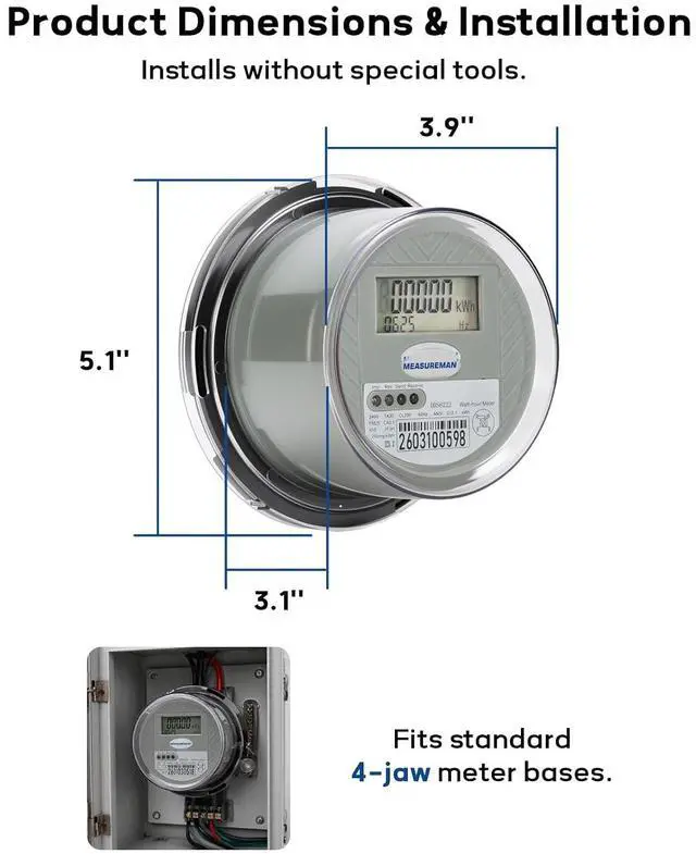 Alt view image 2 of 7 - MEASUREMAN Digital Electric Meter 240V 3 Wire KWH Watt Meter for Home, RV & Small Industrial Use High Precision Energy Usage Monitor, LCD Display, ANSI Standard, IP65 Weatherproof, Easy Installation