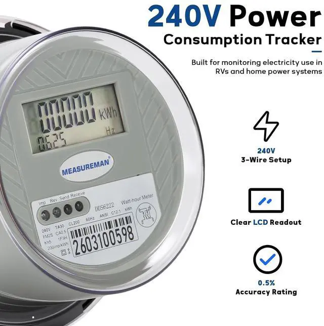 Alt view image 3 of 7 - MEASUREMAN Digital Electric Meter 240V 3 Wire KWH Watt Meter for Home, RV & Small Industrial Use High Precision Energy Usage Monitor, LCD Display, ANSI Standard, IP65 Weatherproof, Easy Installation