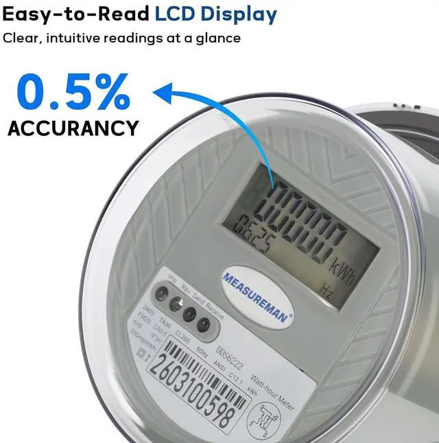 Alt view image 4 of 7 - MEASUREMAN Digital Electric Meter 240V 3 Wire KWH Watt Meter for Home, RV & Small Industrial Use High Precision Energy Usage Monitor, LCD Display, ANSI Standard, IP65 Weatherproof, Easy Installation