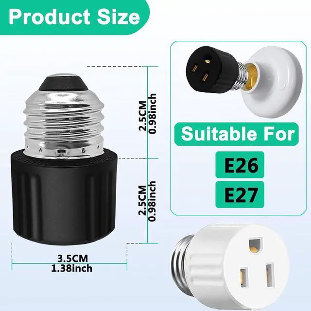 Alt view image 3 of 7 - 3 Prong Light Socket Plug Adapter, E26/E27 Base 3 Pin Bulb Socket Adapter, Polarized Screw for Light Socket Adapter Outlet, Black/White, 3 Pack