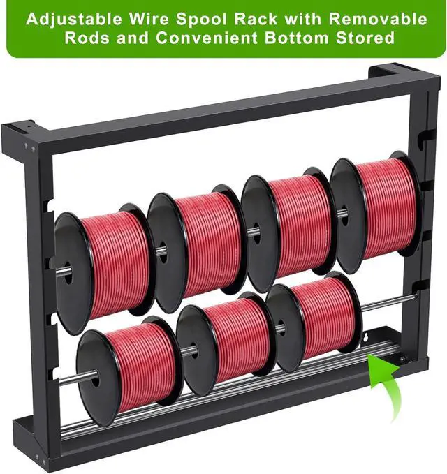 Alt view image 3 of 7 - SELEWARE Heavy Duty Wall-Mounted Wire Spool Rack Cable Reel Holder and Dispenser with 4 Adjustable Stainless Steel Rods for Industrial, Electrical, and Retail Storage and Display (Black)